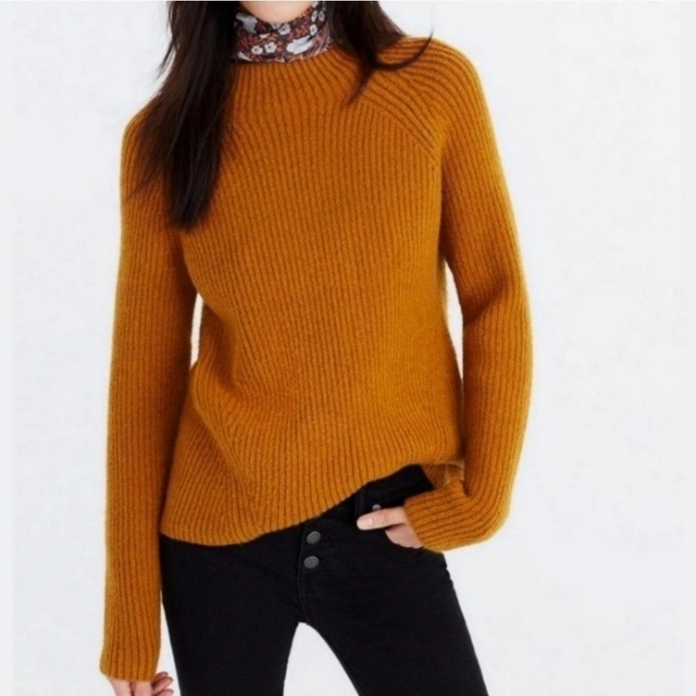 Madewell Northfield Mustard Yellow Mock Neck Wool Ribbed Knit Sweater
